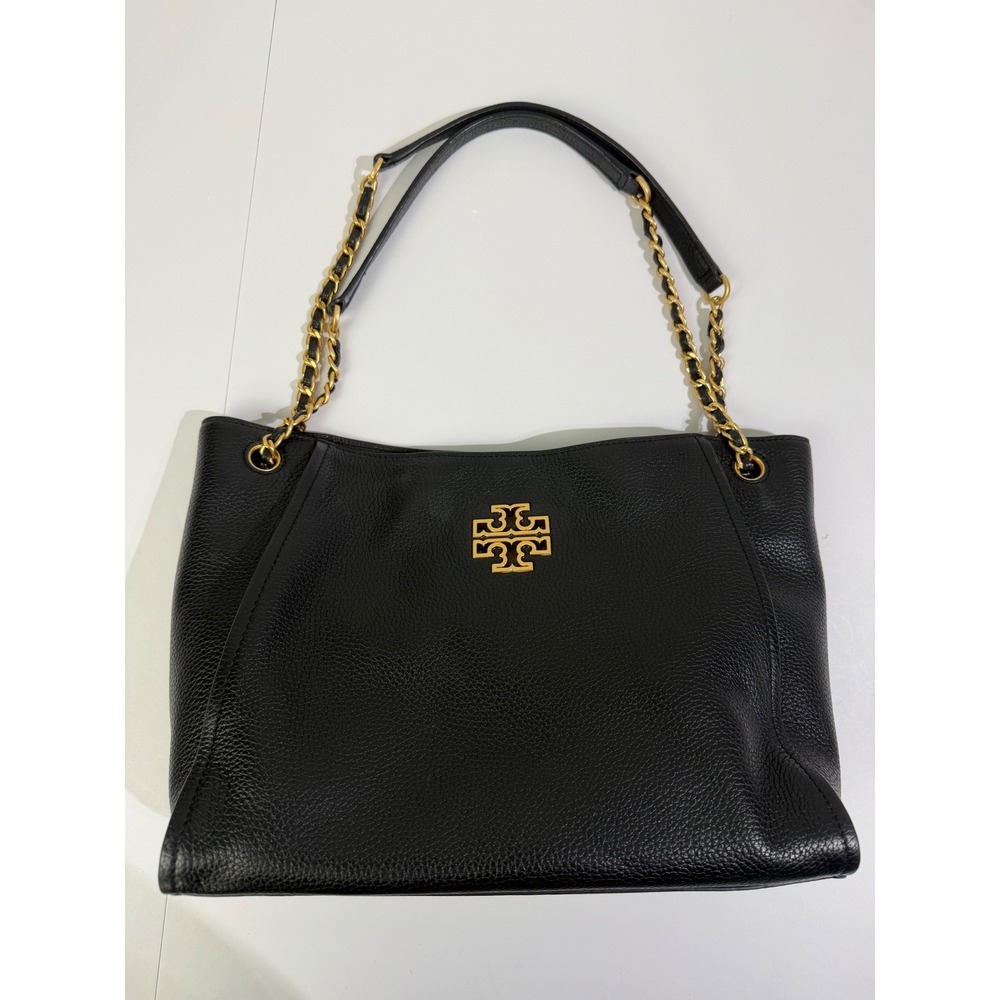Tory Burch Britten Small Slouchy Tote Black Pebbled Leather Gold Chain Bag - Picture 16 of 16